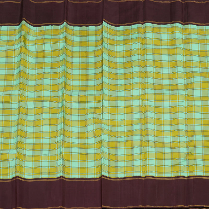 Hayagrivas Lemon Yellow With Sea Blue Checks Handloom Kanjivaram Silk Saree with Dark Brown Border KBE312E3-1