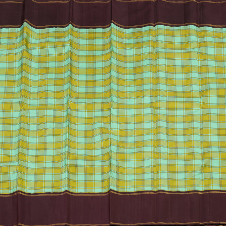 Hayagrivas Lemon Yellow With Sea Blue Checks Handloom Kanjivaram Silk Saree with Dark Brown Border KBE312E3-1