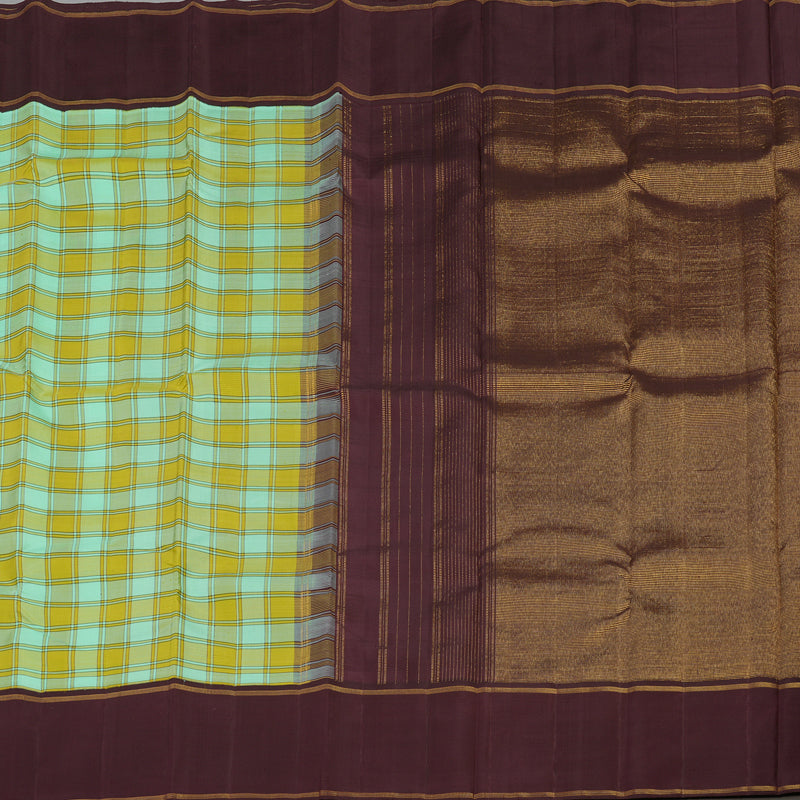 Hayagrivas Lemon Yellow With Sea Blue Checks Handloom Kanjivaram Silk Saree with Dark Brown Border KBE312E3-1