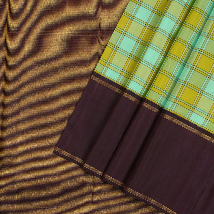 Hayagrivas Lemon Yellow With Sea Blue Checks Handloom Kanjivaram Silk Saree with Dark Brown Border KBE312E3-1