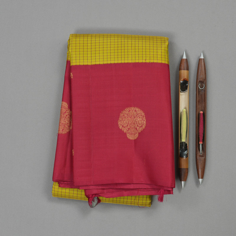 Hayagrivas Lemon Yellow Handloom Kanjivaram Silk Saree with Maroon Border KBE312E4-2