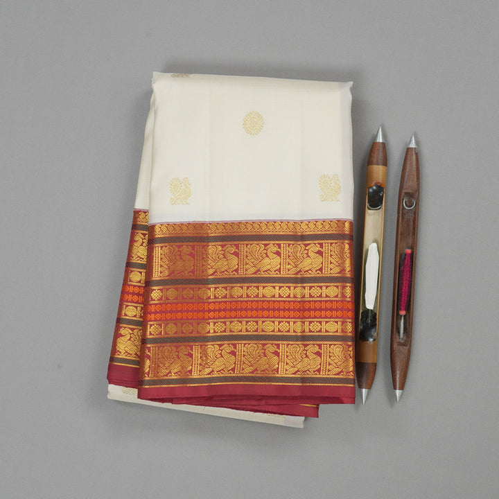 Hayagrivas Half White Handloom Kanjivaram Silk Saree with Maroon Border KBE312E7-4