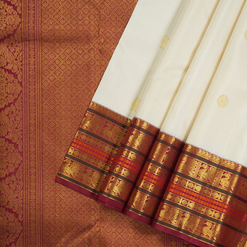 Hayagrivas Half White Handloom Kanjivaram Silk Saree with Maroon Border KBE312E7-4