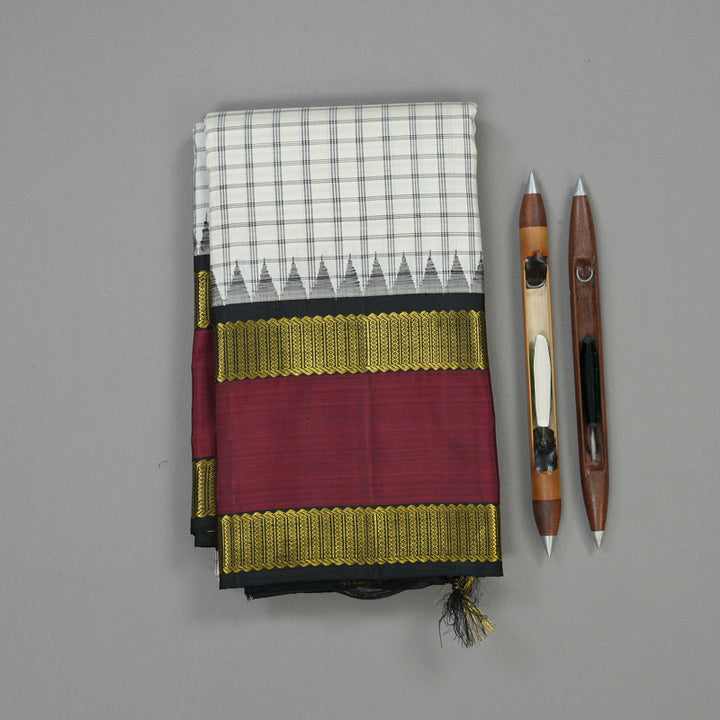 Hayagrivas Handloom Half White Kanjivaram Silk Saree with Black border KBE315E9-1