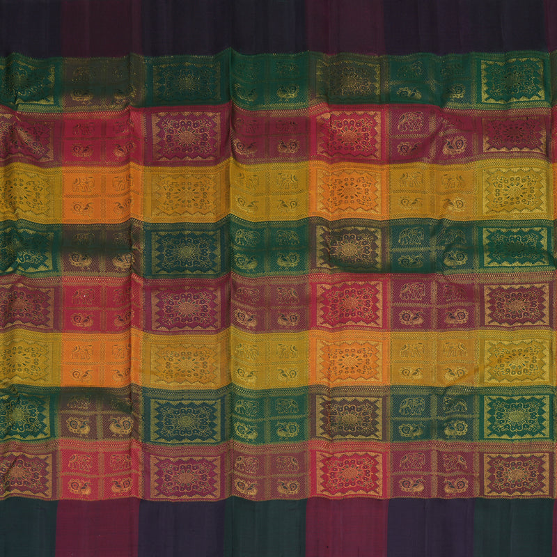 Hayagrivas Multi Colour Checks Handloom Kanjivaram Silk Saree with Wine Maroon Border KBE317E3-1