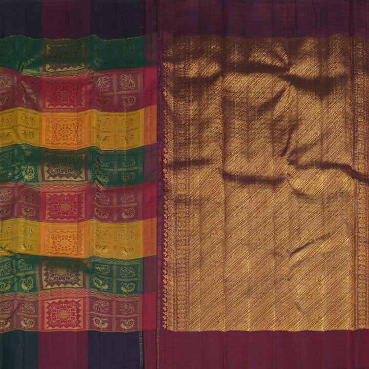 Hayagrivas Multi Colour Checks Handloom Kanjivaram Silk Saree with Wine Maroon Border KBE317E3-1