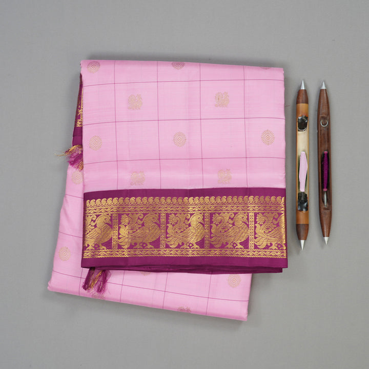 Hayagrivas Handloom Kanjivaram Nine yards silk saree in baby pink with purple KBE317E6-1
