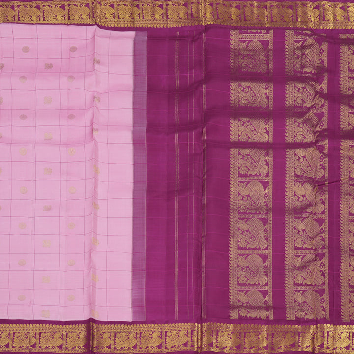 Hayagrivas Handloom Kanjivaram Nine yards silk saree in baby pink with purple KBE317E6-1