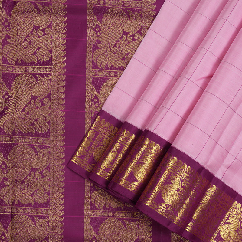 Hayagrivas Handloom Kanjivaram Nine yards silk saree in baby pink with purple KBE317E6-1