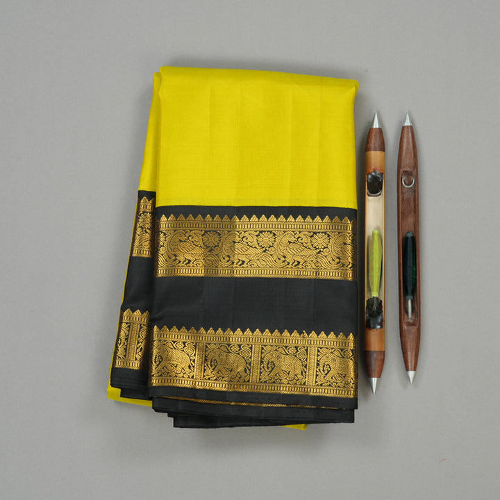 Hayagrivas Lemon Yellow Handloom Kanjivaram Silk Saree with Black Border KBE319E2-1