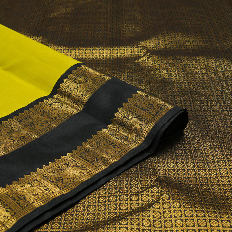 Hayagrivas Lemon Yellow Handloom Kanjivaram Silk Saree with Black Border KBE319E2-1