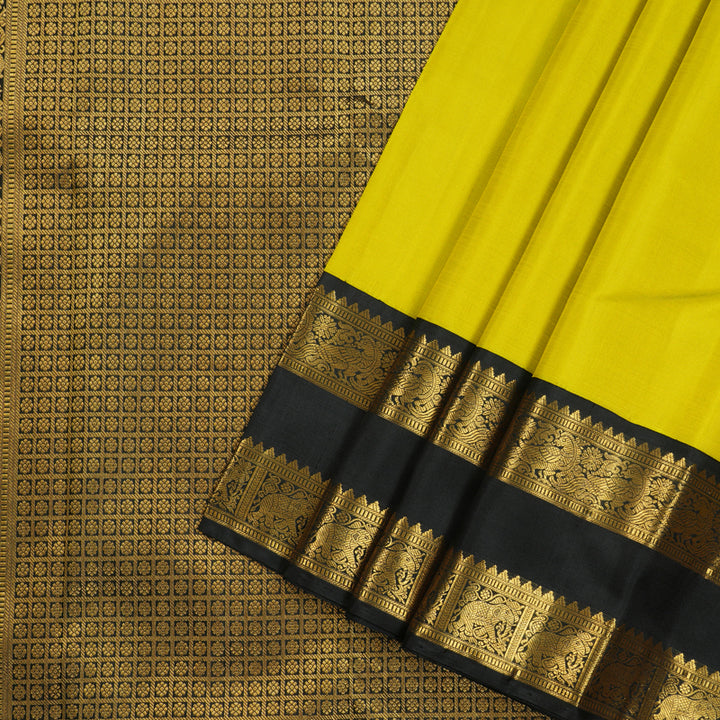 Hayagrivas Lemon Yellow Handloom Kanjivaram Silk Saree with Black Border KBE319E2-1