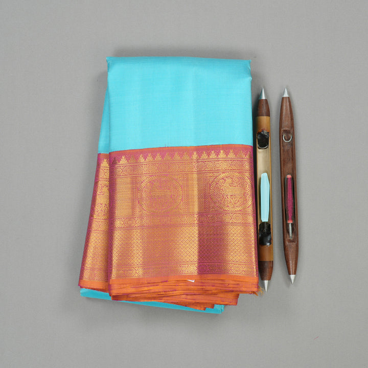 Hayagrivas Sky Blue Handloom Kanjivaram Silk Saree with Dual Tone (Yellow With Pink) Border KBE319E2-2