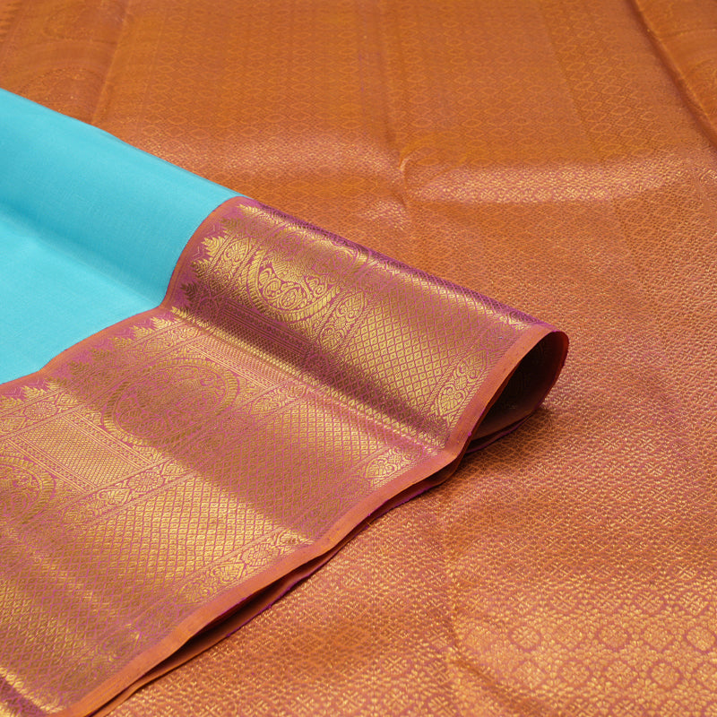 Hayagrivas Sky Blue Handloom Kanjivaram Silk Saree with Dual Tone (Yellow With Pink) Border KBE319E2-2