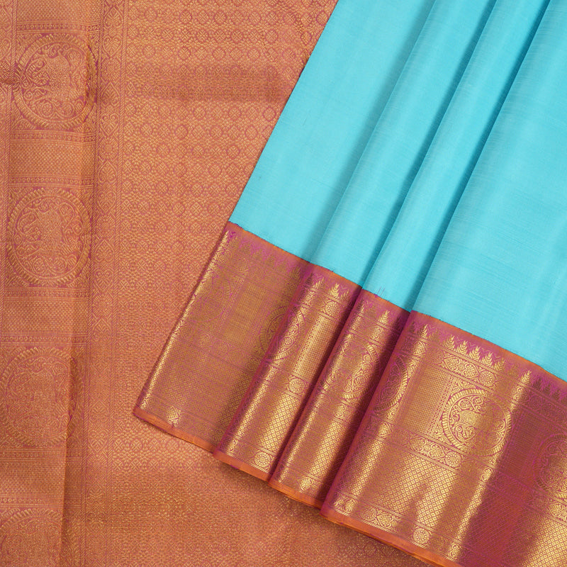 Hayagrivas Sky Blue Handloom Kanjivaram Silk Saree with Dual Tone (Yellow With Pink) Border KBE319E2-2