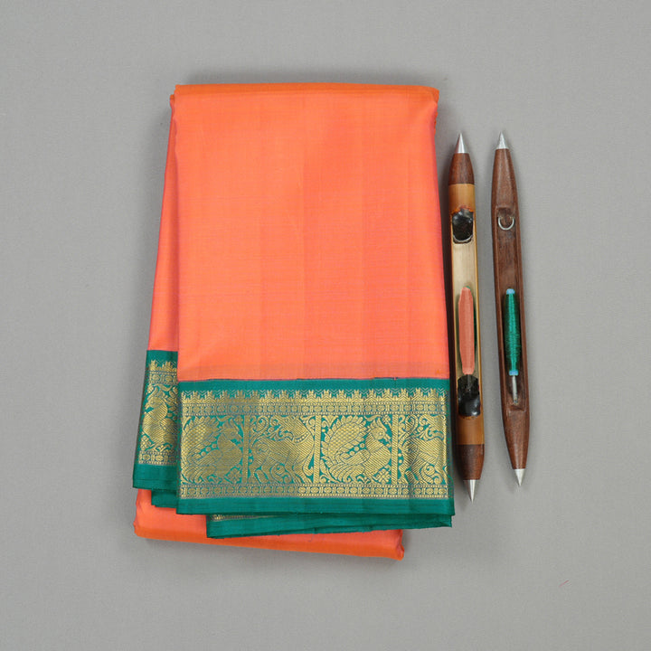 Hayagrivas Sunset Orange Handloom Kanjivaram Silk Saree with Teal Blue Border KBE319E3-2