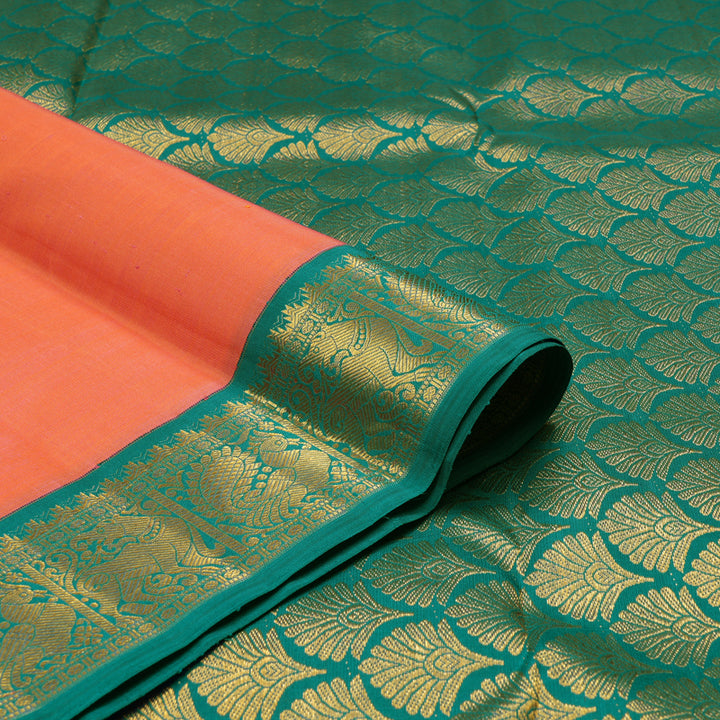 Hayagrivas Sunset Orange Handloom Kanjivaram Silk Saree with Teal Blue Border KBE319E3-2