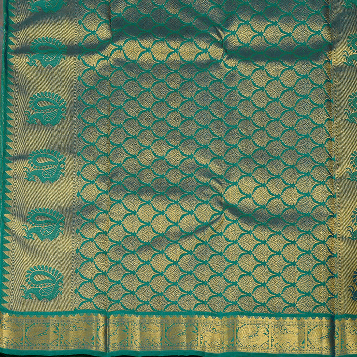 Hayagrivas Sunset Orange Handloom Kanjivaram Silk Saree with Teal Blue Border KBE319E3-2