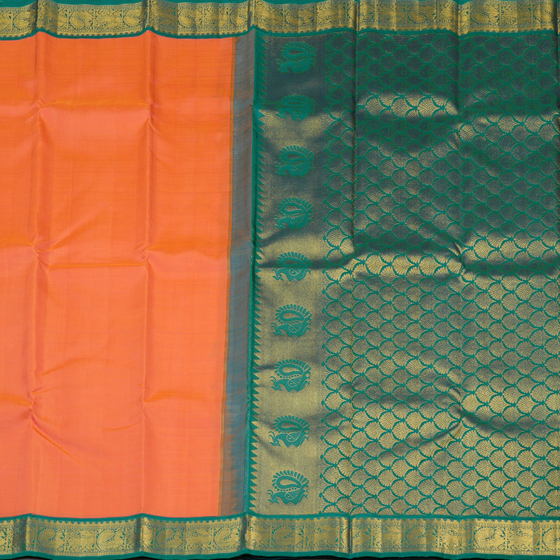 Hayagrivas Sunset Orange Handloom Kanjivaram Silk Saree with Teal Blue Border KBE319E3-2