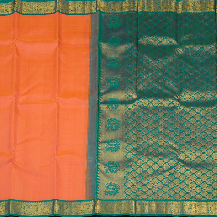 Hayagrivas Sunset Orange Handloom Kanjivaram Silk Saree with Teal Blue Border KBE319E3-2