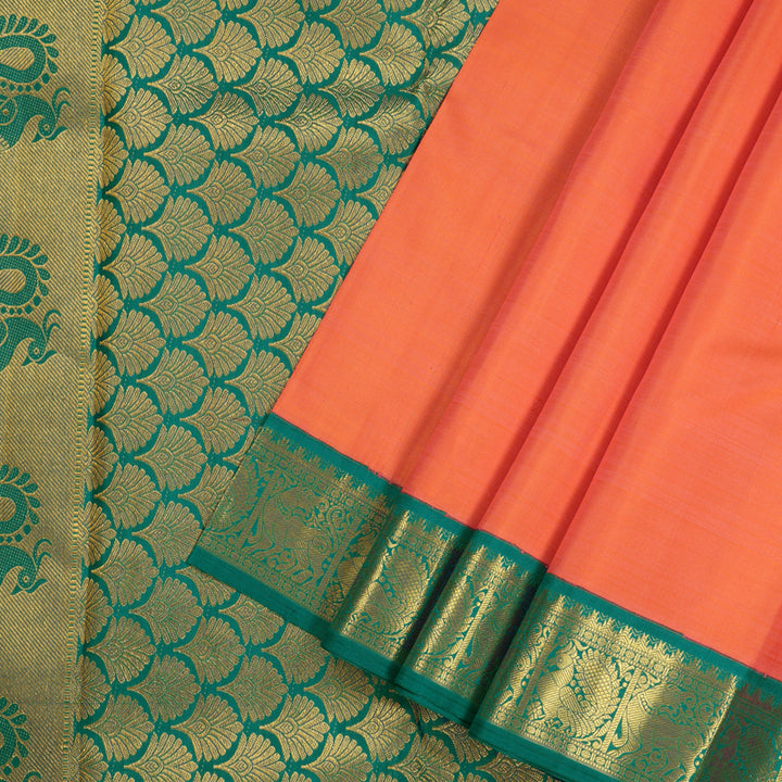 Hayagrivas Sunset Orange Handloom Kanjivaram Silk Saree with Teal Blue Border KBE319E3-2