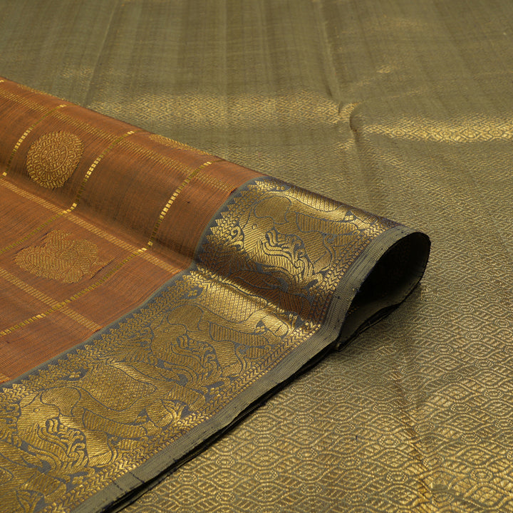 Hayagrivas Handloom Kanjivaram silk saree in Honey mustard with ash grey KBE319E4-1