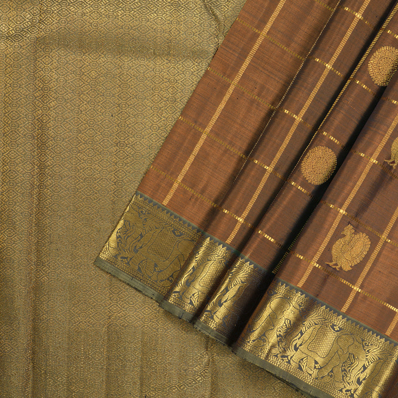 Hayagrivas Handloom Kanjivaram silk saree in Honey mustard with ash grey KBE319E4-1