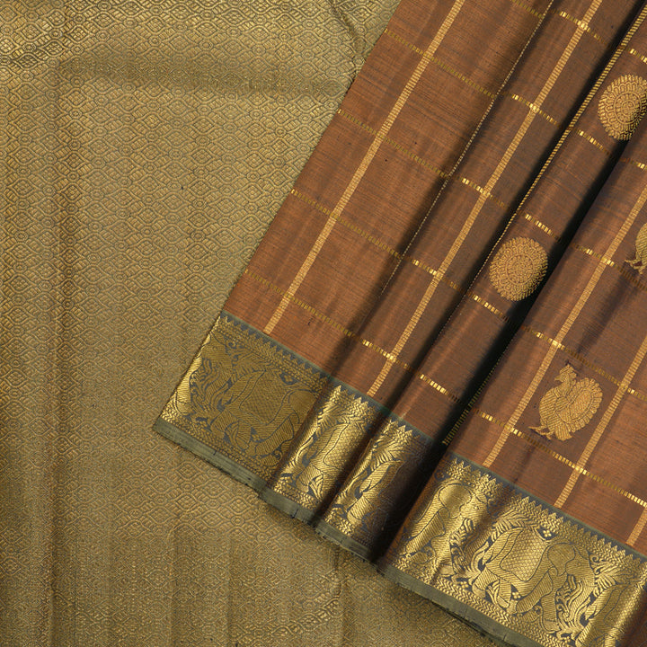 Hayagrivas Handloom Kanjivaram silk saree in Honey mustard with ash grey KBE319E4-1