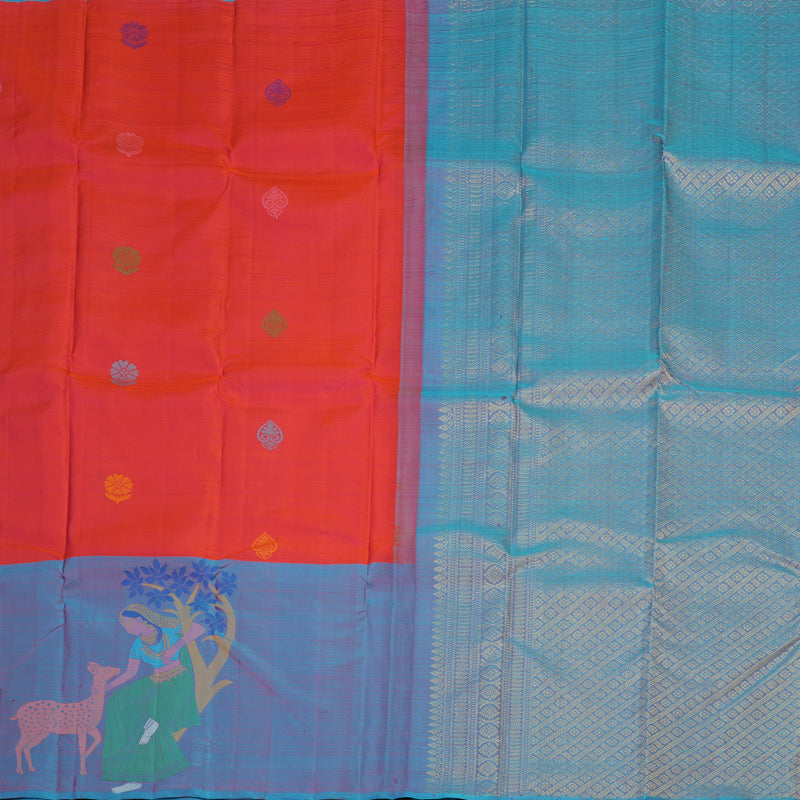 Hayagrivas Handloom Pure Kanjivaram Silk Saree in Intense Orangish Pink KBE320E1-1