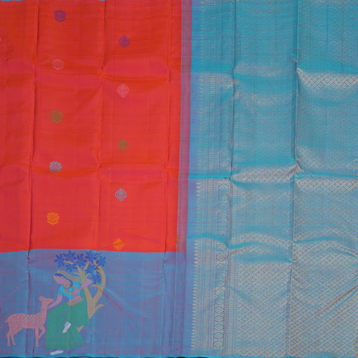 Hayagrivas Handloom Pure Kanjivaram Silk Saree in Intense Orangish Pink KBE320E1-1