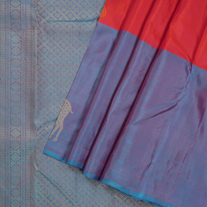 Hayagrivas Handloom Pure Kanjivaram Silk Saree in Intense Orangish Pink KBE320E1-1