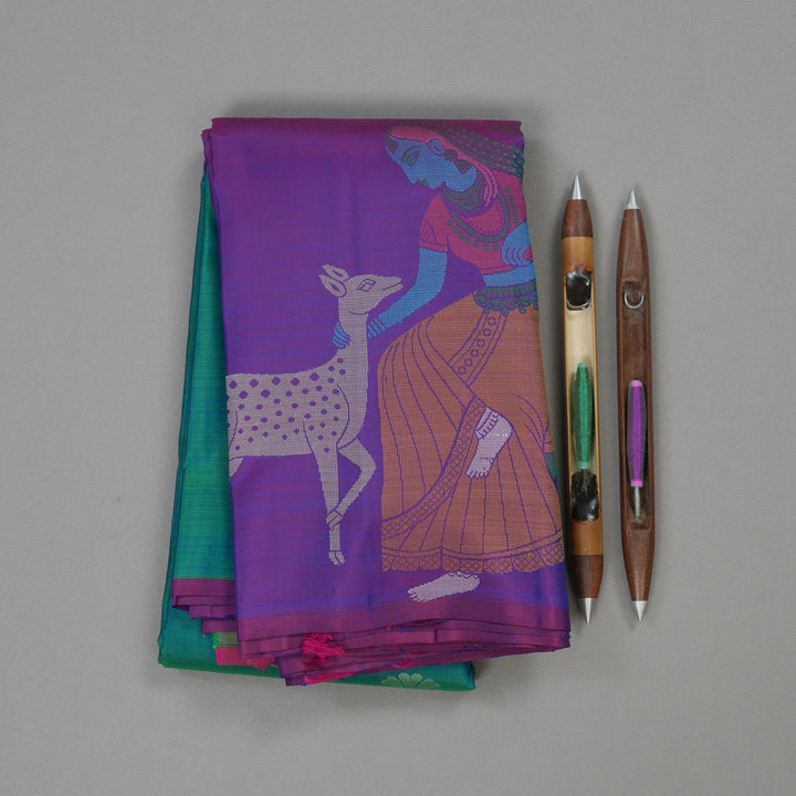 Hayagrivas Peacock Blue Handloom Kanjivaram Silk Saree with Purple Border KBE320E1-2