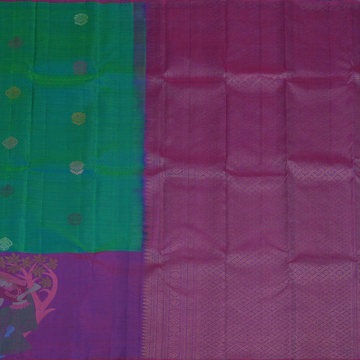 Hayagrivas Peacock Blue Handloom Kanjivaram Silk Saree with Purple Border KBE320E1-2