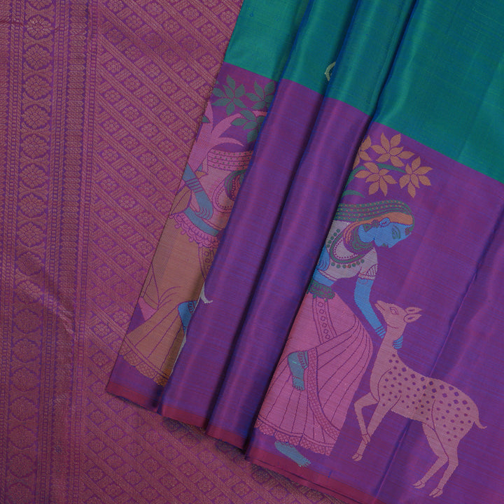Hayagrivas Peacock Blue Handloom Kanjivaram Silk Saree with Purple Border KBE320E1-2