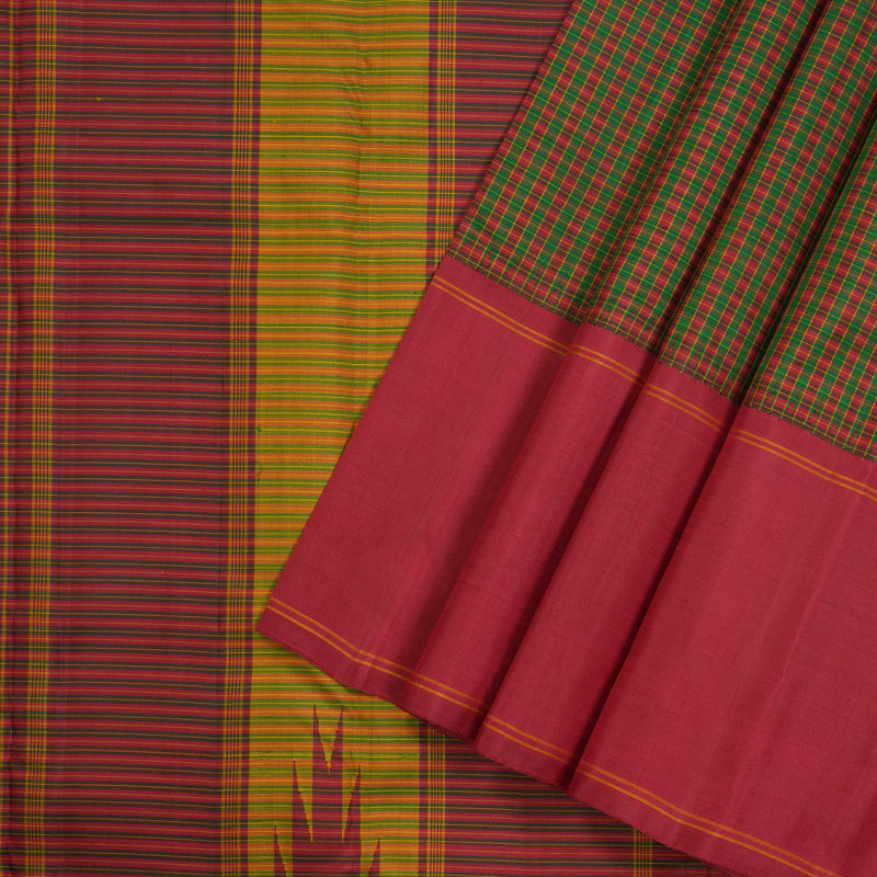Hayagrivas Green With Maroon Checks Handloom Kanjivaram Silk Saree with Maroon Border KBE325E2-1