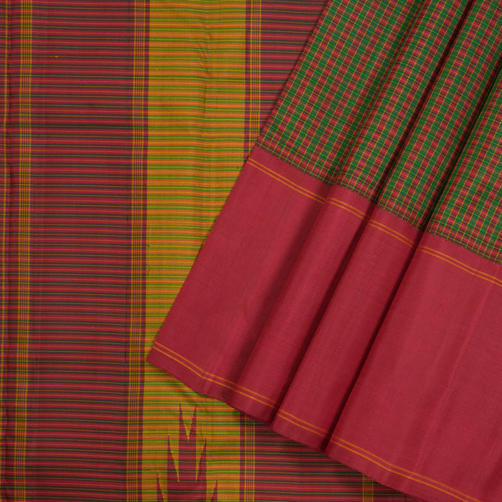 Hayagrivas Green With Maroon Checks Handloom Kanjivaram Silk Saree with Maroon Border KBE325E2-1