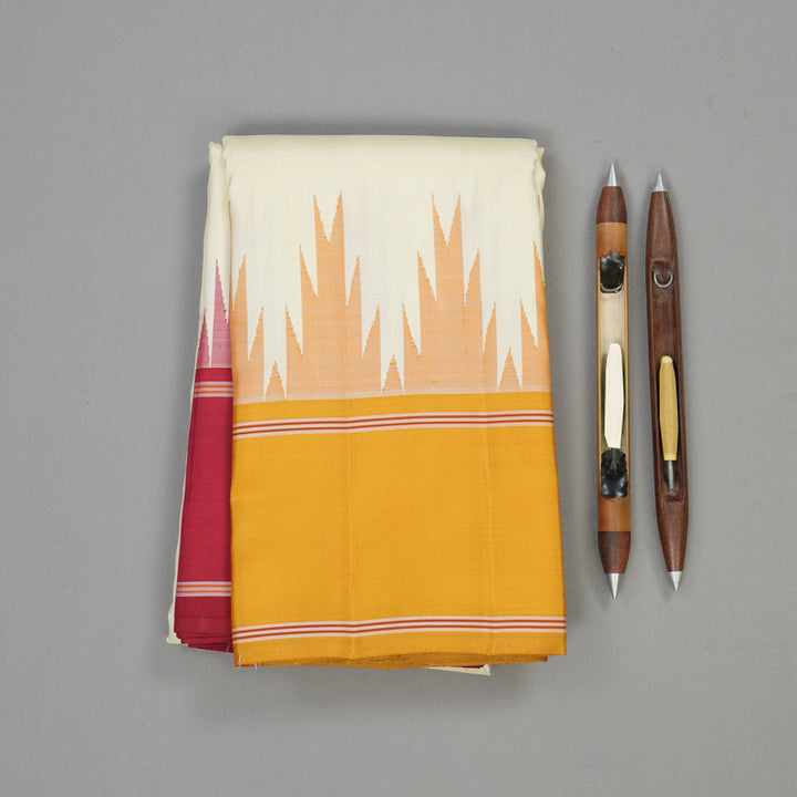 Hayagrivas White Handloom Kanjivaram Silk Saree with Ganga Jamuna (Mustard Yellow And Maroon) Border KBE328E3-5