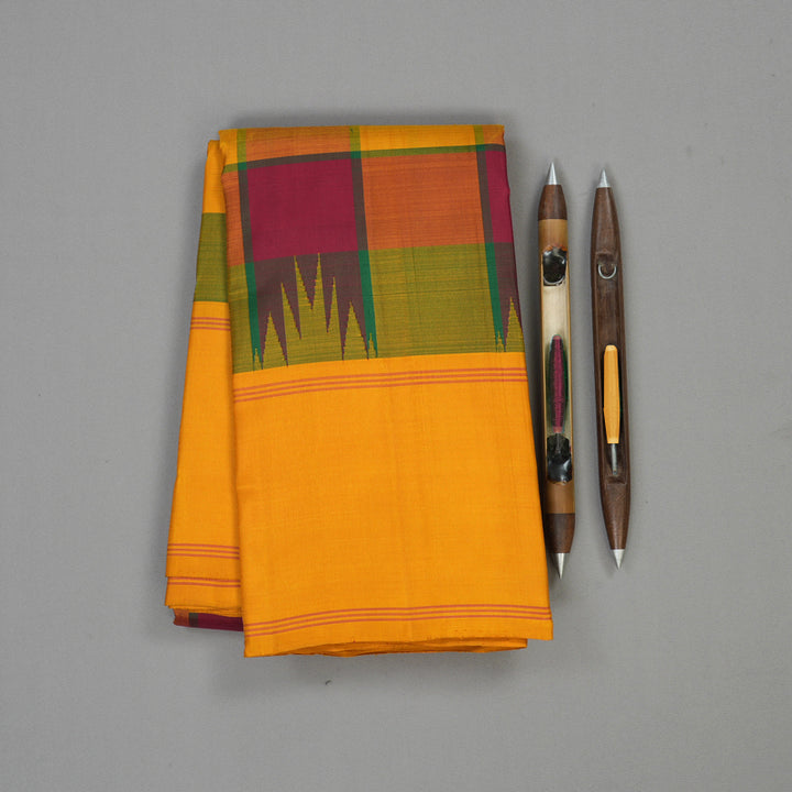 Hayagrivas Multi Colour Checks Handloom Kanjivaram Silk Saree with Mustard Yellow Border KBE328E3-9