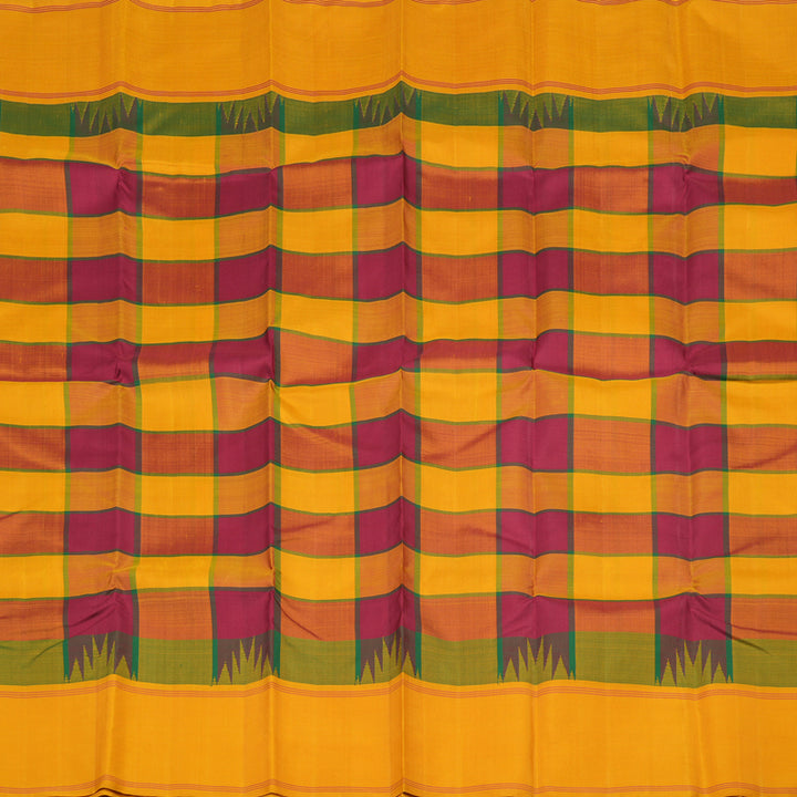 Hayagrivas Multi Colour Checks Handloom Kanjivaram Silk Saree with Mustard Yellow Border KBE328E3-9