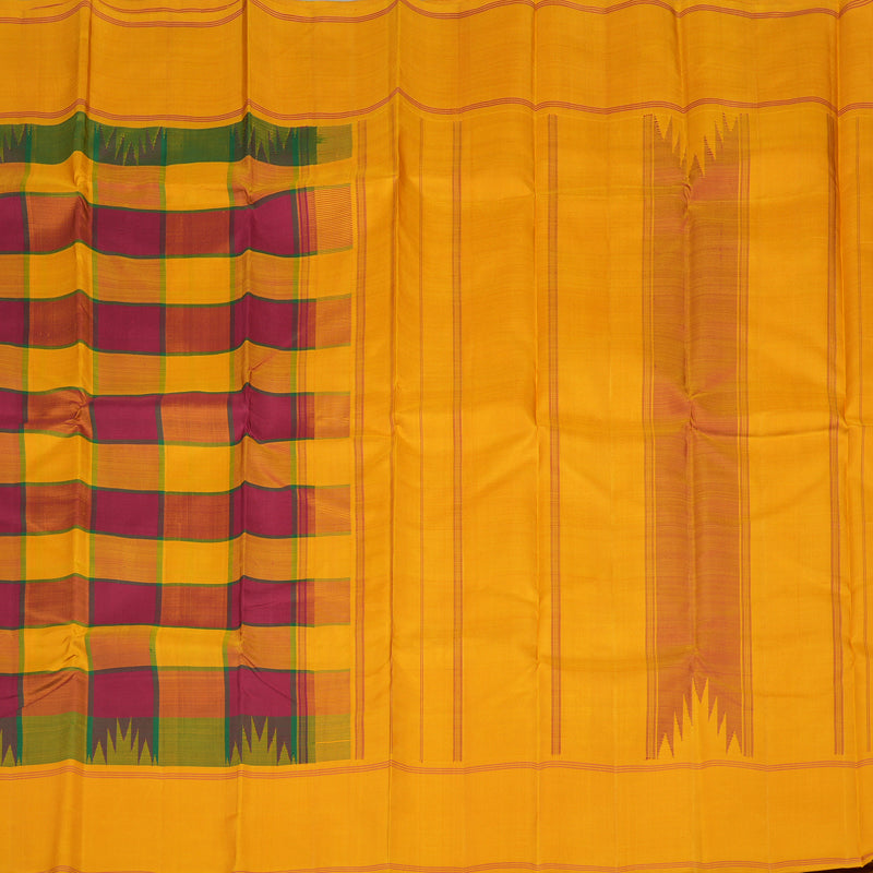Hayagrivas Multi Colour Checks Handloom Kanjivaram Silk Saree with Mustard Yellow Border KBE328E3-9