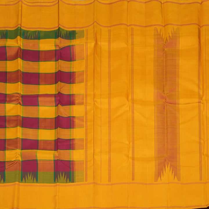 Hayagrivas Multi Colour Checks Handloom Kanjivaram Silk Saree with Mustard Yellow Border KBE328E3-9