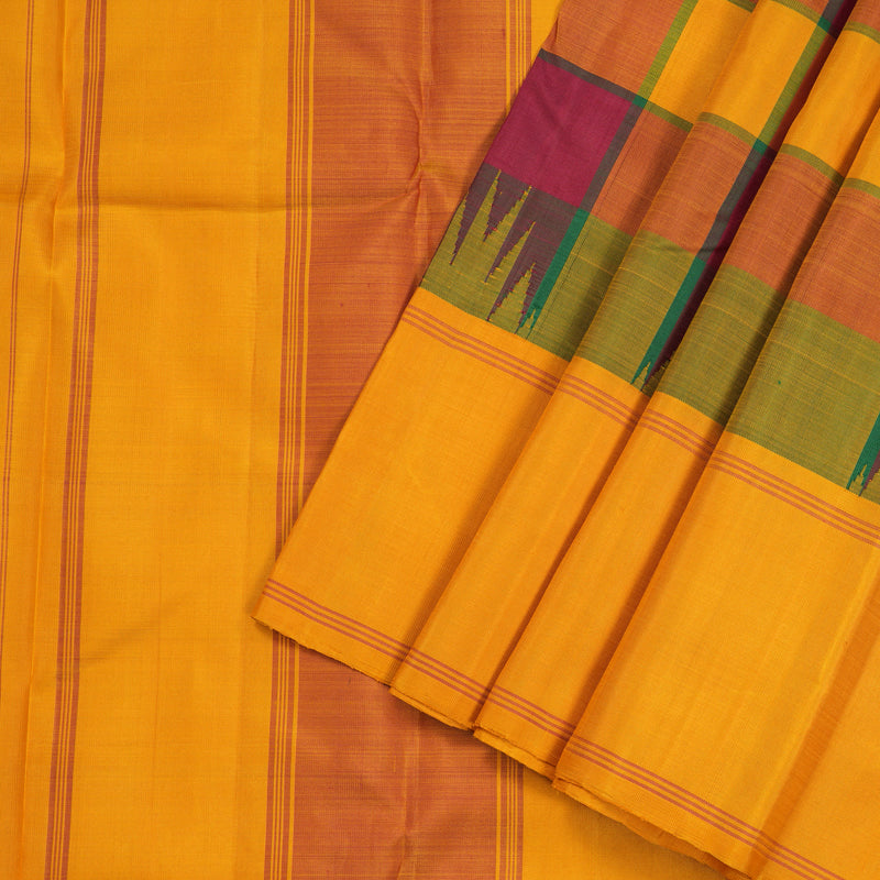 Hayagrivas Multi Colour Checks Handloom Kanjivaram Silk Saree with Mustard Yellow Border KBE328E3-9