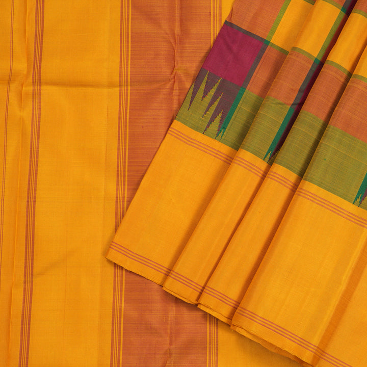 Hayagrivas Multi Colour Checks Handloom Kanjivaram Silk Saree with Mustard Yellow Border KBE328E3-9
