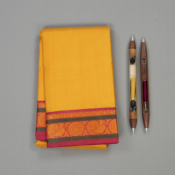 Hayagrivas Mustard Yellow Handloom Kanjivaram Silk Saree with Maroon Border KBE328E5-4