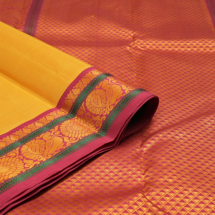 Hayagrivas Mustard Yellow Handloom Kanjivaram Silk Saree with Maroon Border KBE328E5-4