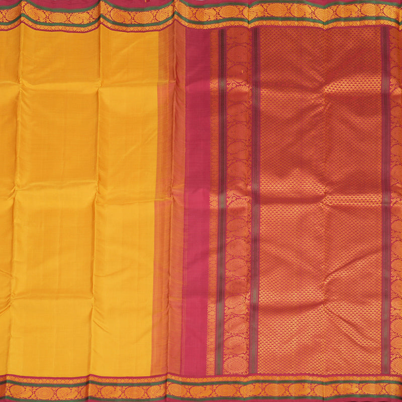 Hayagrivas Mustard Yellow Handloom Kanjivaram Silk Saree with Maroon Border KBE328E5-4