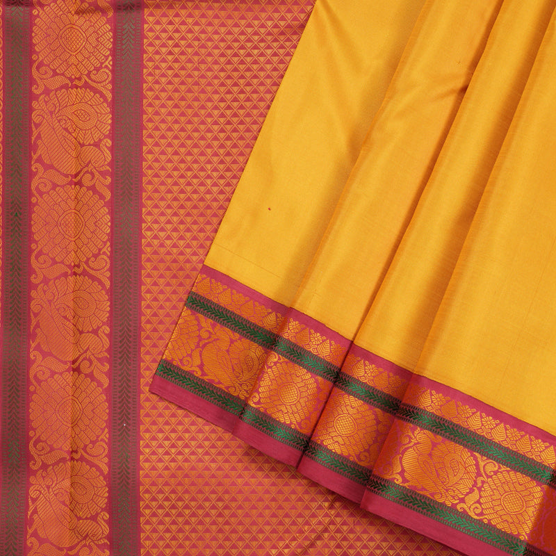 Hayagrivas Mustard Yellow Handloom Kanjivaram Silk Saree with Maroon Border KBE328E5-4