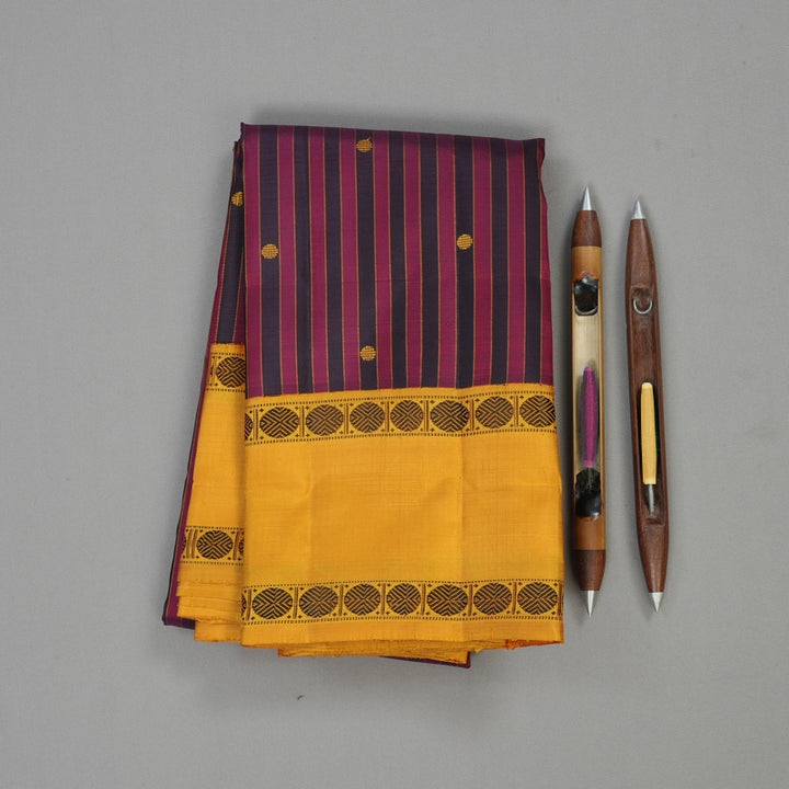 Hayagrivas Black And Maroon Handloom Kanjivaram Silk Saree with Mustard Yellow Border KBE328E6-1