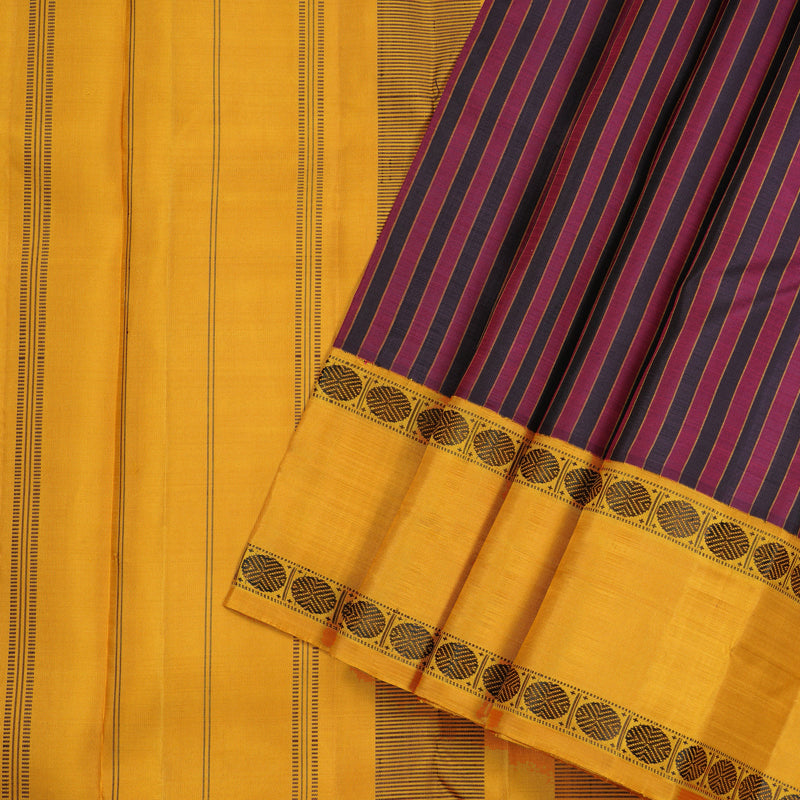 Hayagrivas Black And Maroon Handloom Kanjivaram Silk Saree with Mustard Yellow Border KBE328E6-1