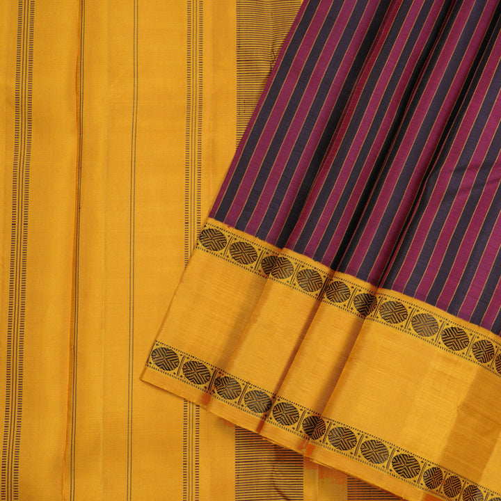 Hayagrivas Black And Maroon Handloom Kanjivaram Silk Saree with Mustard Yellow Border KBE328E6-1